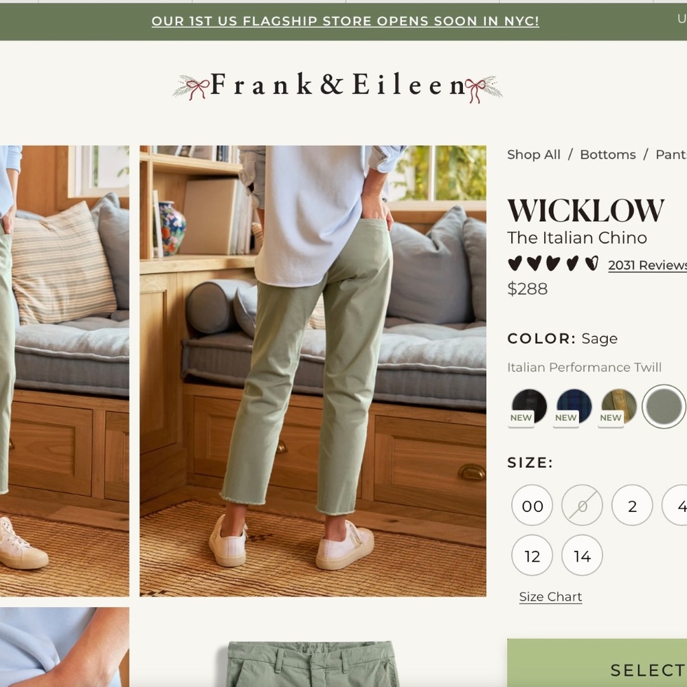 Frank & Eileen Wicklow Italian Chino Pants - British Racing Green Size 10  - NWT